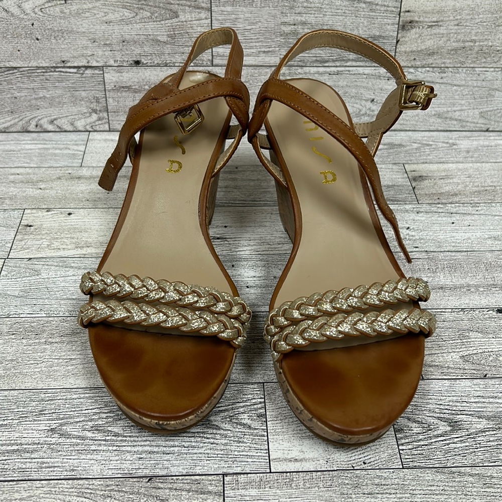 Tan with gold wedge sandals